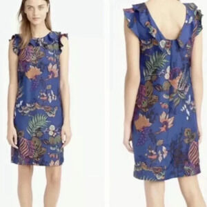J. Crew 100% Silk Ruffle Blue Sleeveless Lined Shift Dress Tropical Floral Sz 10